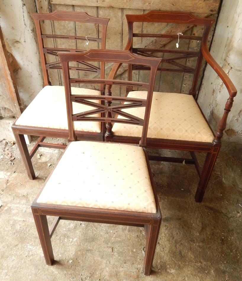 Appraisal: Three Sheraton string inlaid mahogany dining chairs including carver