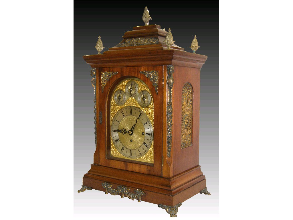 Appraisal: Good mahogany triple fusee boardroom clock the movement striking and