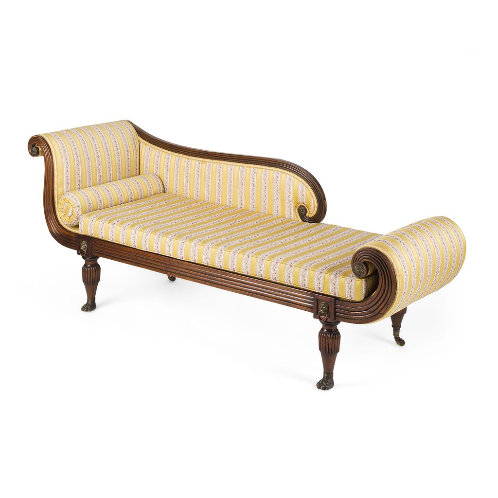 Appraisal: REGENCY OAK FRAMED AND BRASS MOUNTED CHAISE LONGUE CIRCA the