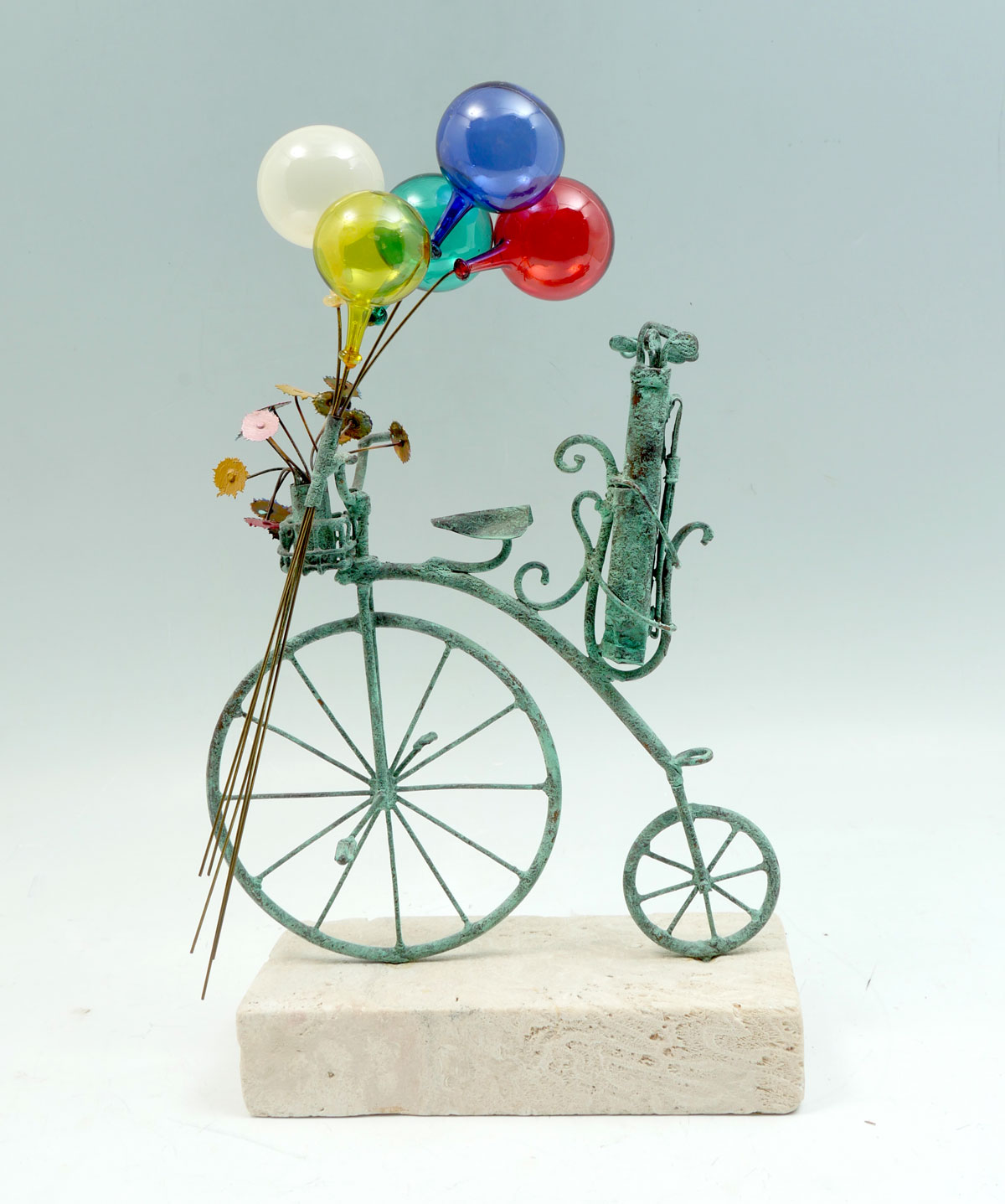 Appraisal: JIM LEWK BICYCLE BALLON GOLF SCULPTURE Patinated Copper Old Timey