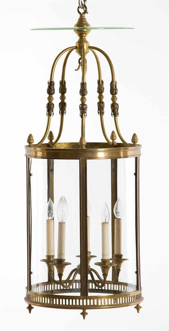 Appraisal: Pair Continental brass hall lanterns scrolling arm canopy leading to