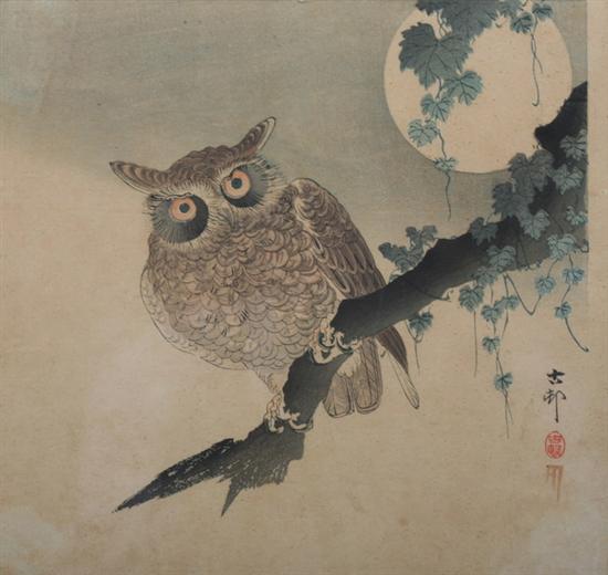 Appraisal: JAPANESE SCHOOL Japanese th century OWL IN MOONLIGHT FEEDING KOI