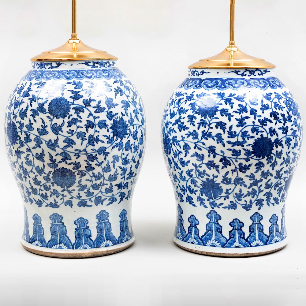 Appraisal: Two Similar Chinese Blue and White Porcelain Baluster Form Lamps