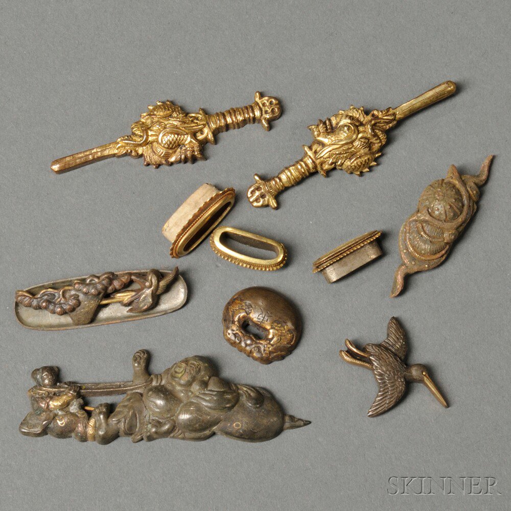 Appraisal: Group of Sword Fittings Japan gilt-metal menuki of a bird