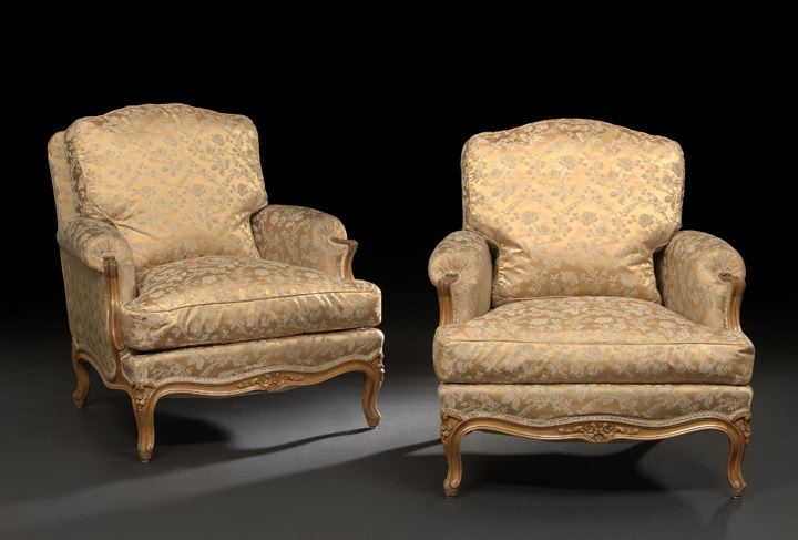 Appraisal: Pair of Louis XV-Style Fruitwood Bergeres early th century the