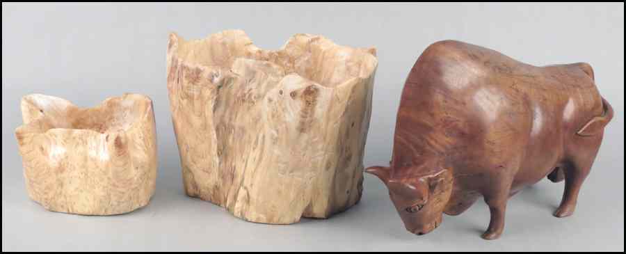 Appraisal: CARVED BURLWOOD BULL Together with two wood bowls Bull ''