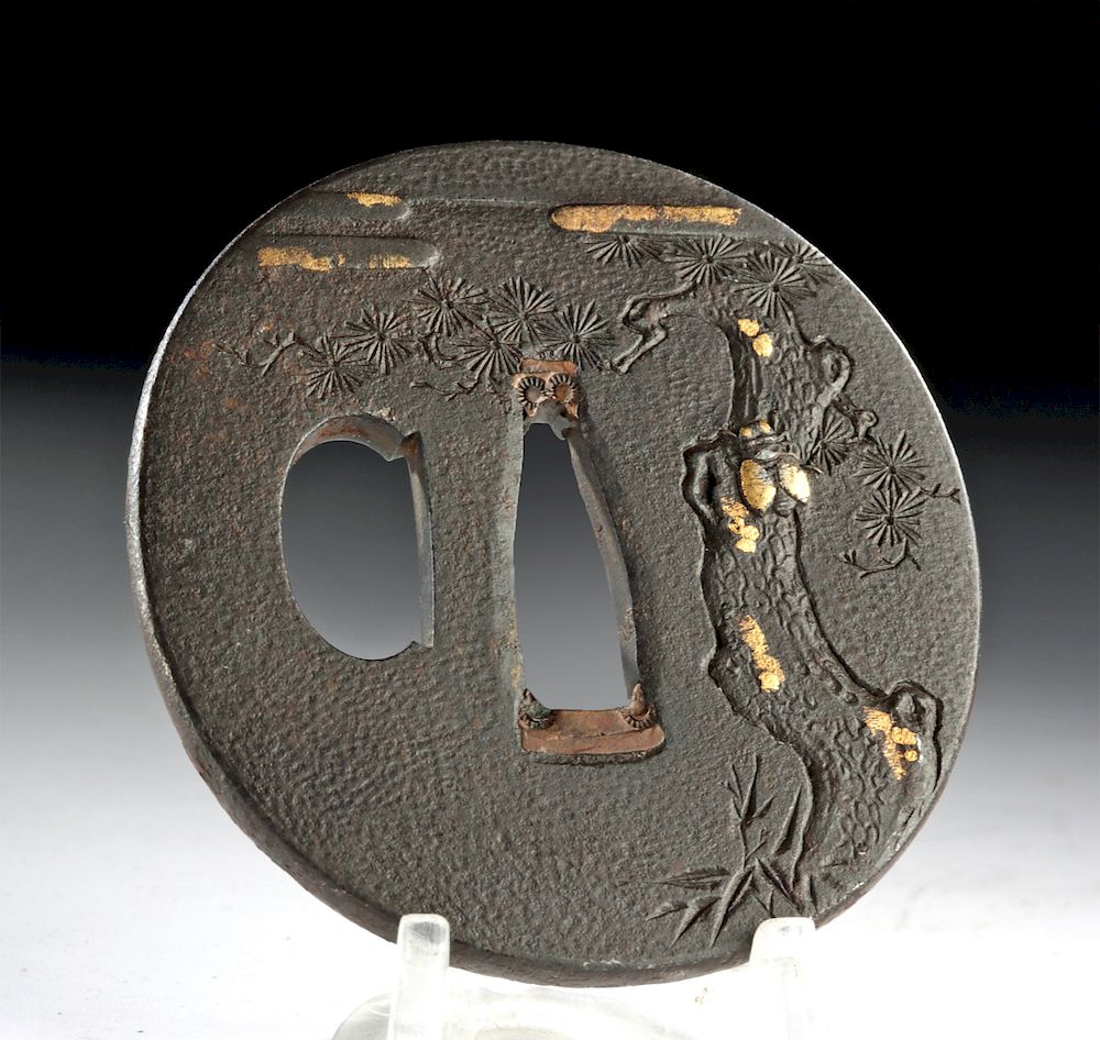 Appraisal: th C Japanese Edo Iron Copper Gilt Tsuba w Tree