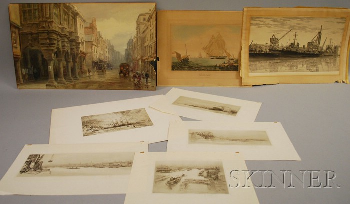 Appraisal: Seven Unframed Prints and a Watercolor on Paper including four