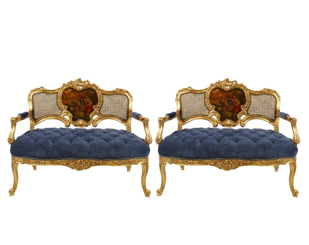 Appraisal: PAIR OF LOUIS XV STYLE CANED VERNIS MARTIN SETTEEScontemporary Condition