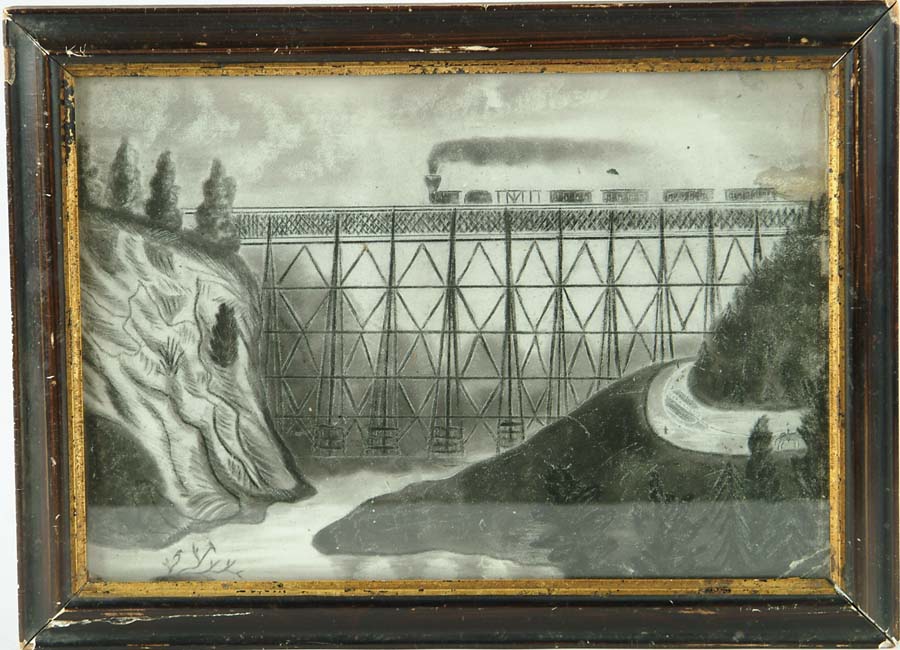 Appraisal: EARLY SANDPAPER PAINTING OF TRAIN IN LANDSCAPE A large wooden