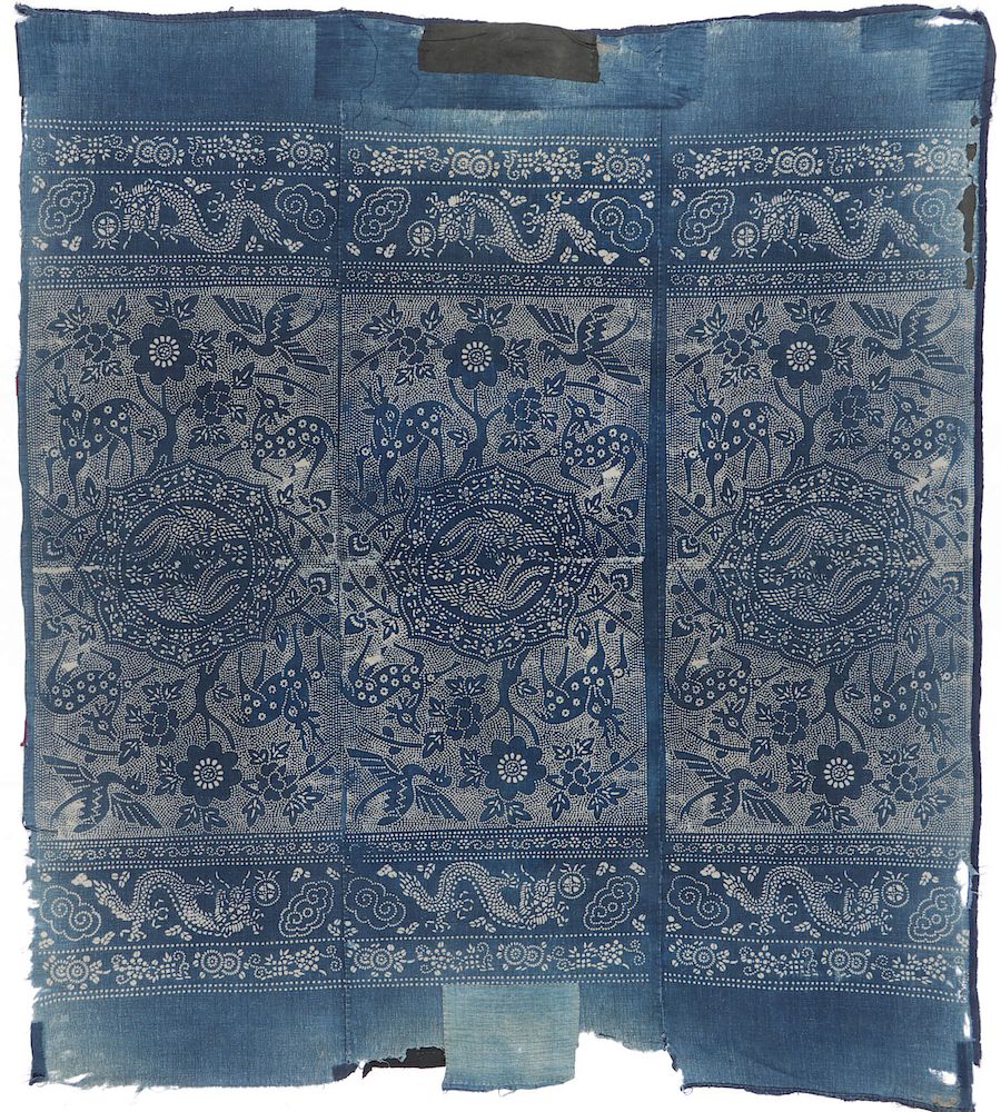 Appraisal: Antique Indigo-dyed Coverlet Geija People China Antique Coverlet depicting deer