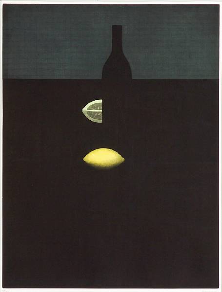 Appraisal: Yozo Hamaguchi Japanese - Bottle with Yellow Lemons in Darkness