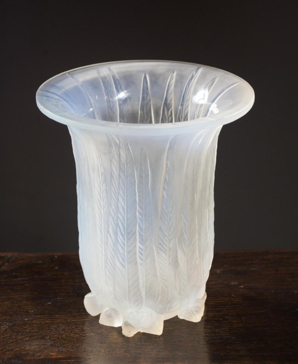 Appraisal: RENE LALIQUE EUCALYPTUS OPALESCENT GLASS VASE Molded R LALIQUE mark