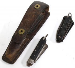 Appraisal: Vintage WWII Leather Sheath with Pocket Knives Sheath stamped Rough