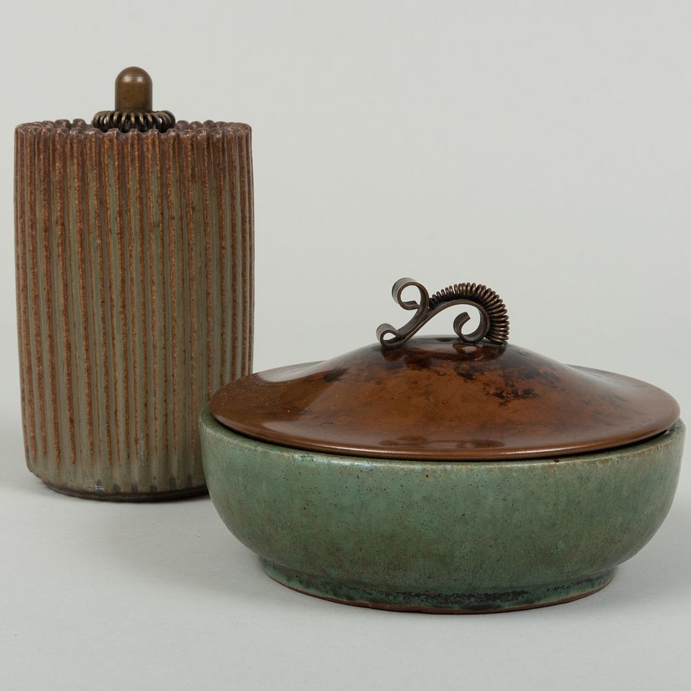 Appraisal: Arne Bang Glazed Earthenware Vessels with Patinated Bronze Covers Each