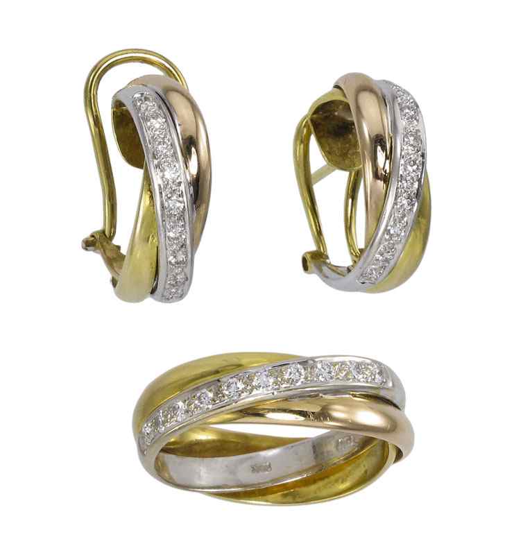 Appraisal: K DIAMOND BAND AND EARRINGS K tri-colored gold Cartier style