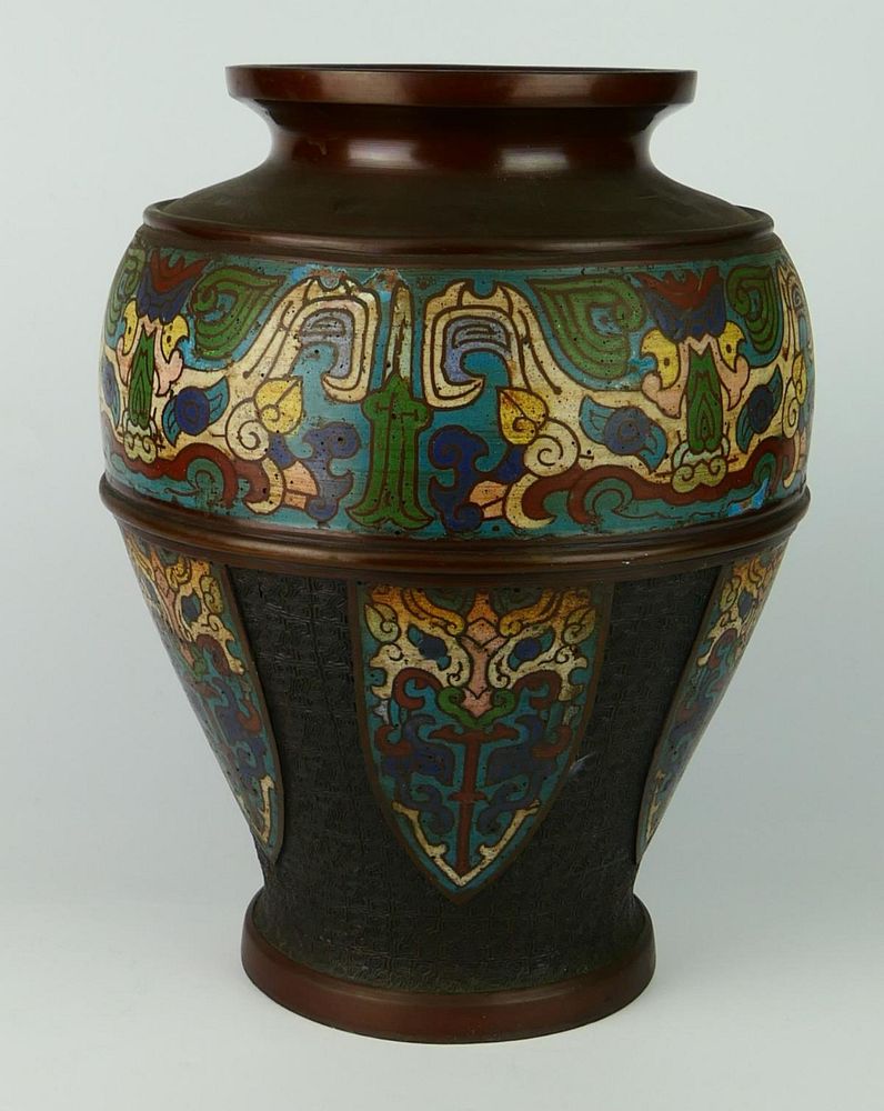 Appraisal: LARGE JAPANESE BRONZE CHAMPLEVE ENAMELED VASE Vintage large Japanese Champleve