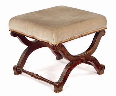 Appraisal: A Victorian walnut 'X' frame stool with a plush upholstered