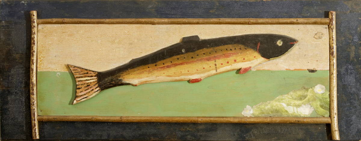 Appraisal: RUSTIC PAINTED AND CARVED WOOD PANEL WITH LEAPING TROUT The