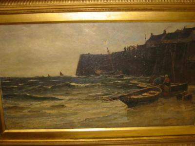 Appraisal: EDWIN ELLIS - Harbour Scene with Fisherfolk and Beached Boats