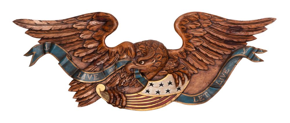 Appraisal: CARVED AND PAINTED AMERICAN EAGLE LIVE AND LET LIVE PLAQUE