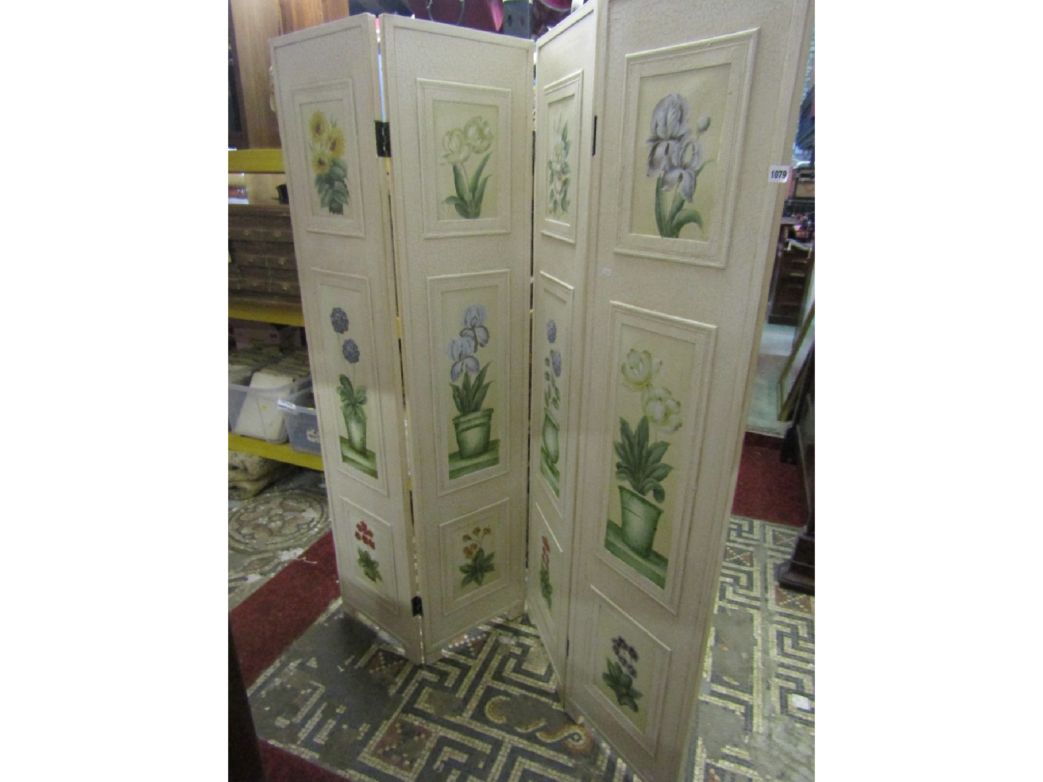 Appraisal: A four fold freestanding screen with cream painted crackled and