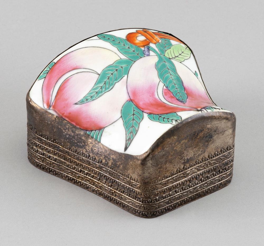 Appraisal: CHINESE FAMILLE ROSE PORCELAIN AND SILVER METAL COVERED BOX LATE