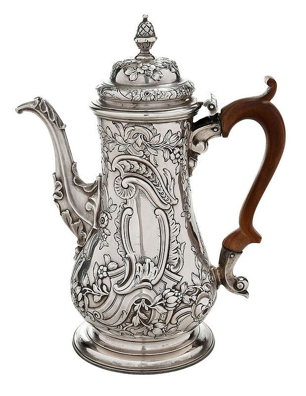 Appraisal: George II English Silver Coffee Pot London tapered bulbous body