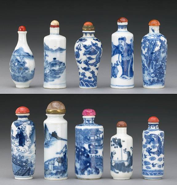 Appraisal: Ten blue and white porcelain snuff bottles Two painted in