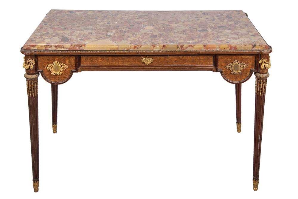 Appraisal: FRENCH ORMOLU-MOUNTED MARQUETRY SALON TABLEwith Breche d'Alep inset top above