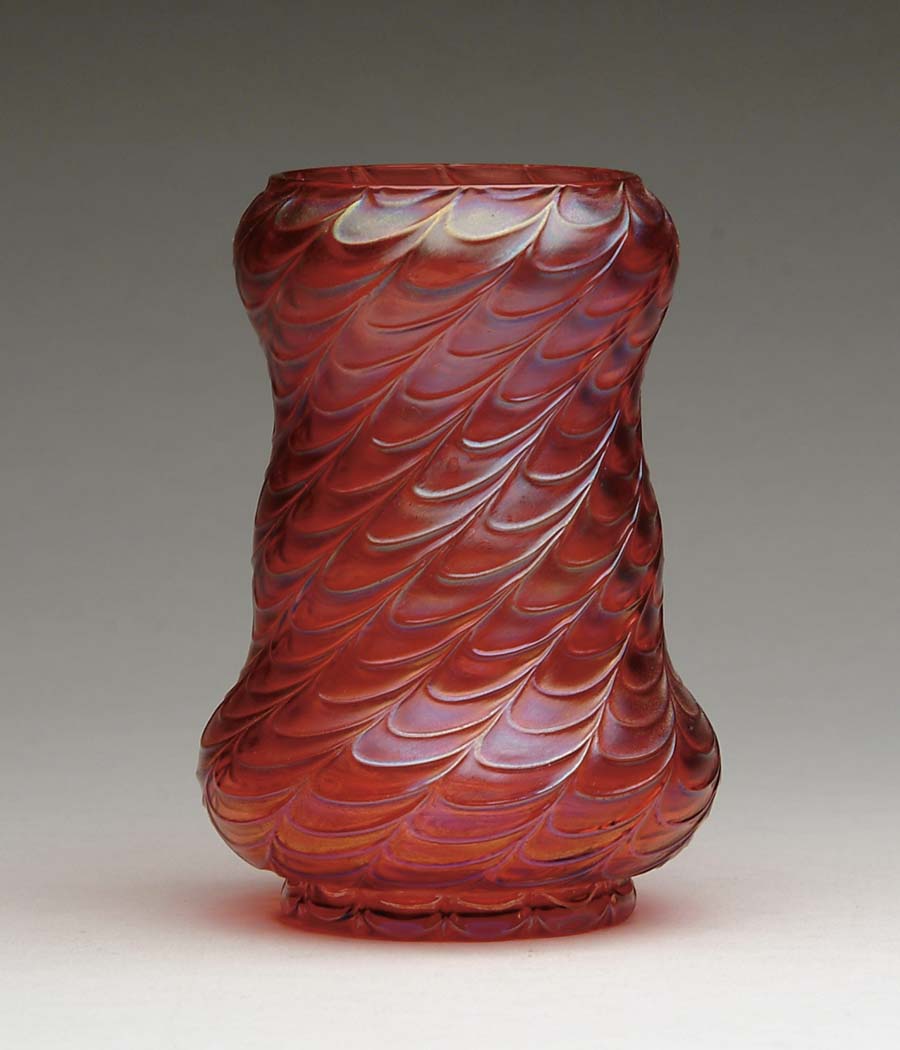 Appraisal: AUSTRIAN RED VASE Pretty Austrian vase has pressed diagonal drapery