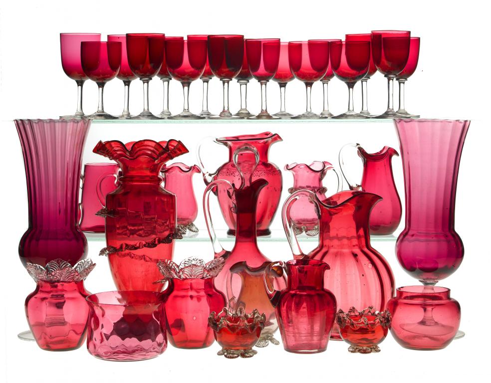 Appraisal: AN EXTENSIVE COLLECTION OF VICTORIAN CRANBERRY GLASS including jugs bowls