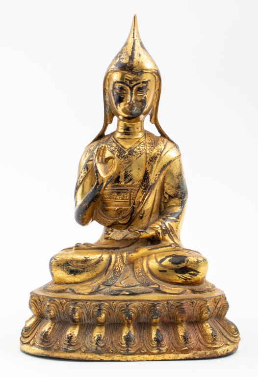 Appraisal: SINO-TIBETAN GILT BRONZE STATUE OF TSONGKHAPA Sino-Tibetan gilt bronze statue