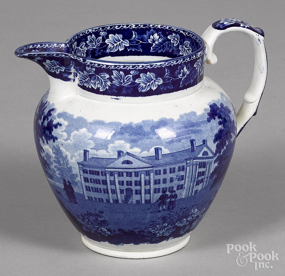 Appraisal: Historical blue Staffordshire pitcher Historical blue Staffordshire Almshouse New York