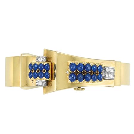 Appraisal: Gold Platinum Cabochon Sapphire and Diamond Bangle-Watch Estimate -