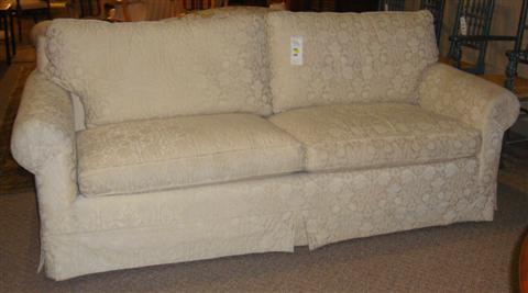 Appraisal: TRADITIONAL SOFA WITH SHELL STONE CREAM DAMASK UPHOLSTERY Provenance ANTIQUE