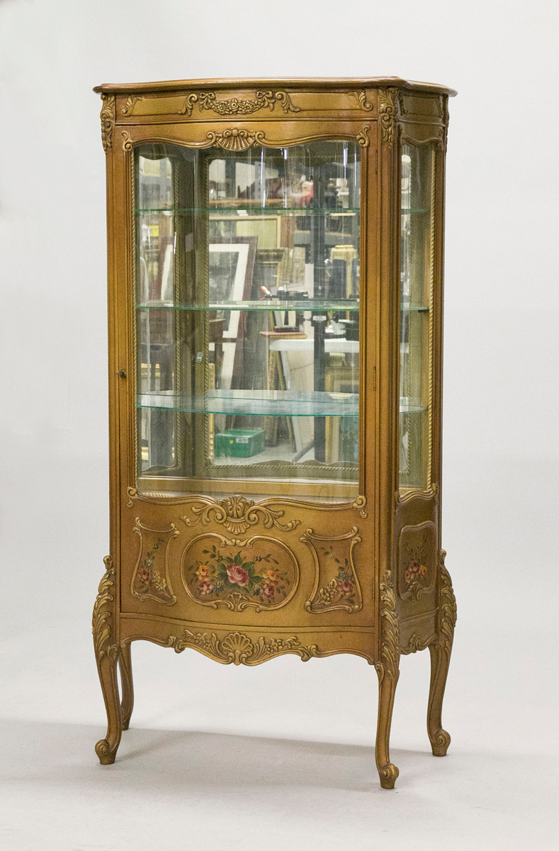 Appraisal: French Style Serpentine Vitrine th cent w hand painted flowers