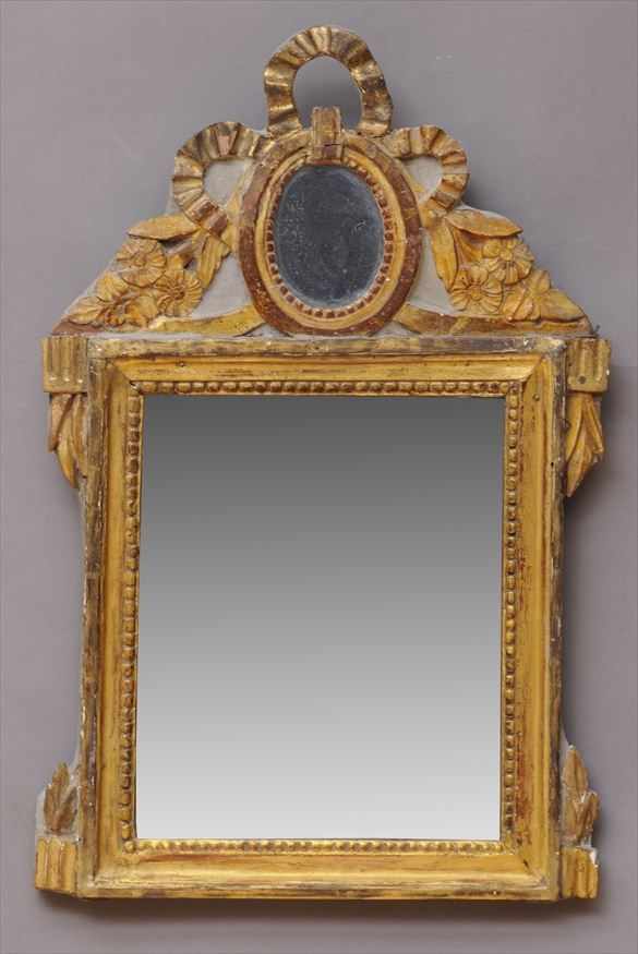 Appraisal: LOUIS XVI CARVED PAINTED AND PARCEL-GILT SMALL MIRROR The rectangular