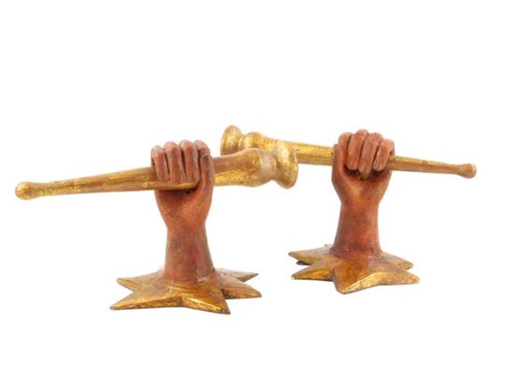 Appraisal: Pair of wooden hand and torch wall sconces gilt star