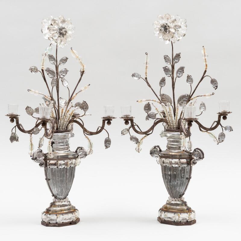 Appraisal: Pair of French Silvered-Metal-Mounted Molded and Cut-Glass Four-Light Candelabra Attributed