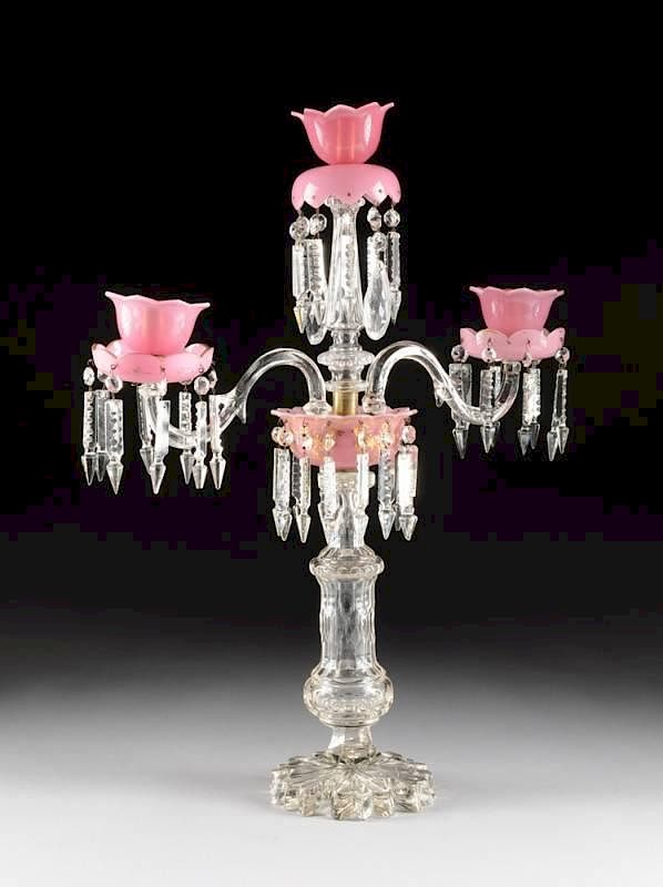 Appraisal: AN ANTIQUE BACCARAT CUT PINK AND CLEAR GLASS THREE LIGHT