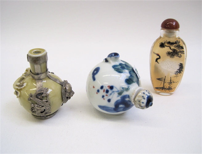 Appraisal: CHINESE POTTERY GLASS SNUFF BOTTLES pieces two pottery plus one