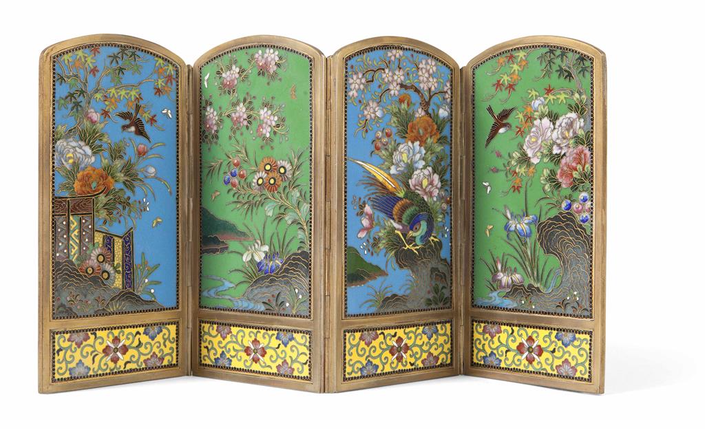 Appraisal: FINE JAPANESE FOUR-FOLD CLOISONN TABLE SCREEN MEIJI PERIOD the folds