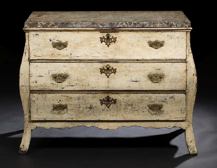 Appraisal: Swedish Louis XV-Style Polychromed and Marble-Top Bombe Commode th century