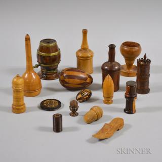 Appraisal: Sixteen Treen Boxes and Sewing Items ht to in Estimate