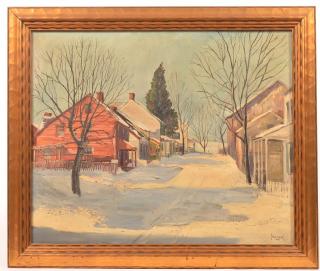 Appraisal: Harry M Book Painting of Winter Village Scene Oil on