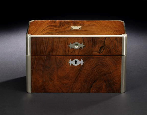 Appraisal: Fine Edwardian Nickel-Edged Rosewood Triple-Compartment Tea Box first quarter th