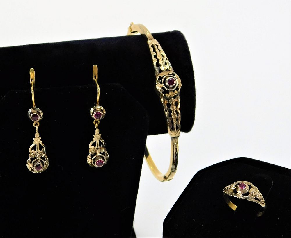 Appraisal: K Gold Art Deco Ruby Ring Bracelet Earring Trio United