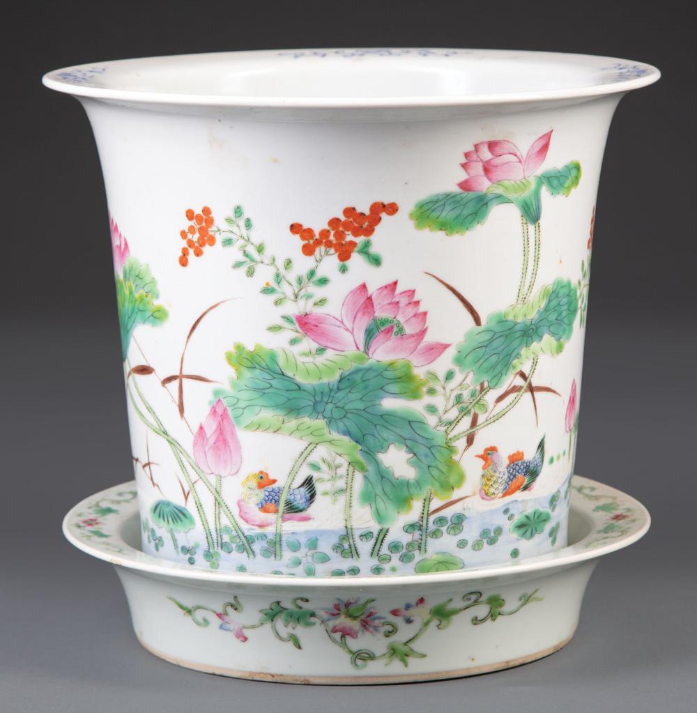 Appraisal: Chinese Famille Rose Porcelain Jardiniere and Associated Underplate probably Republic