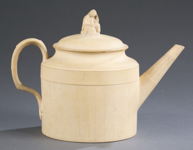 Appraisal: th c Wedgewood-Style Teapot with Lid Salt-glazed Figural woman finial